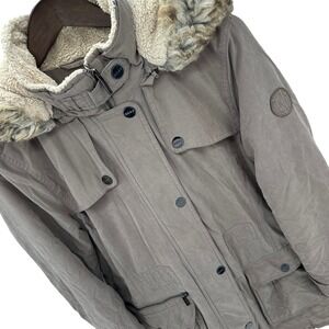 DKNY Womens Parka L Taupe Faux Fur‎ Hood Utility Jacket Multi Pocket Winter